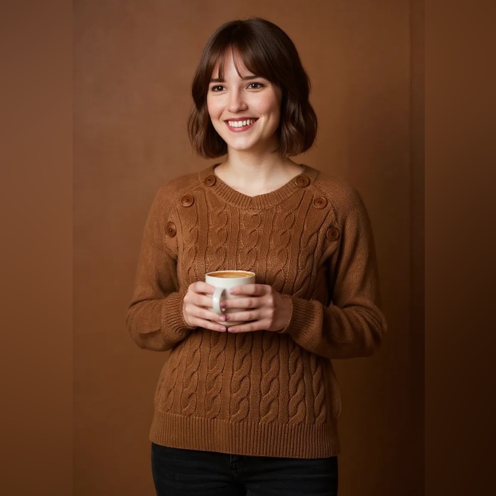Carreli Brown Cable Knit Long Sleeve Casual Sweater Top Size S